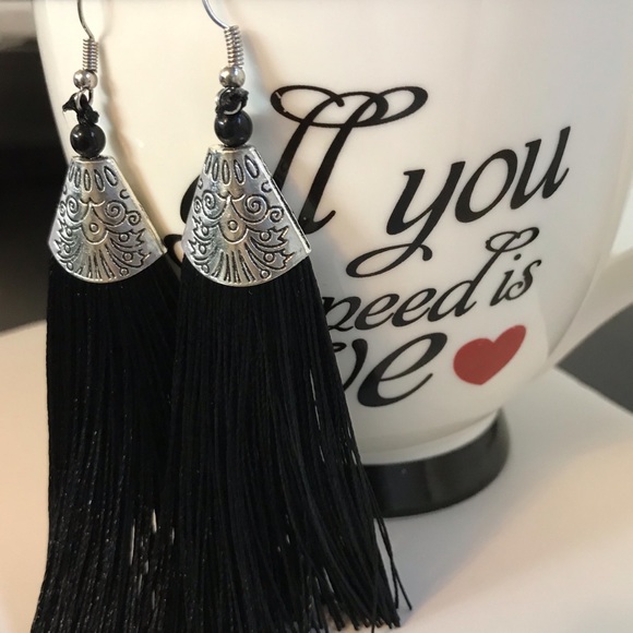 Long Black & Silver Tone Tasseled Earrings - Picture 5 of 5